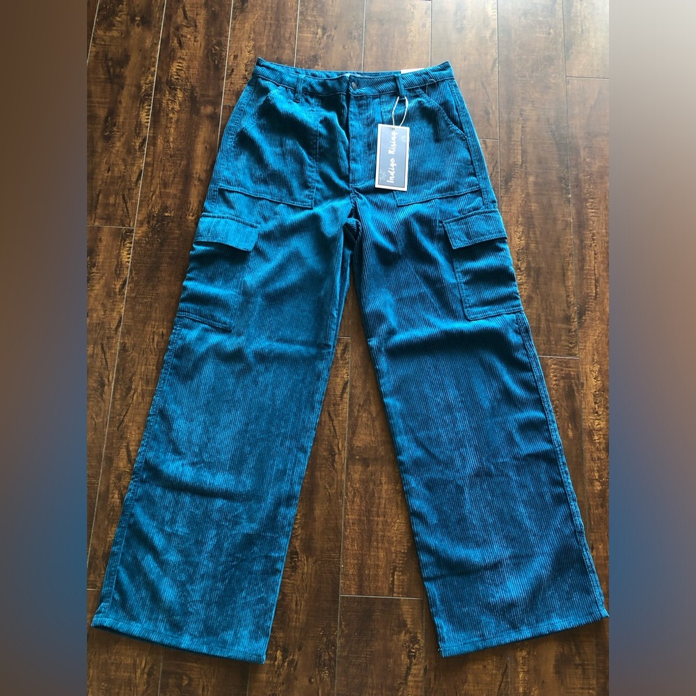 Indigo Rising Dark Teal Green Corduroy Ribbed Wide leg Pants High Rise  13/31